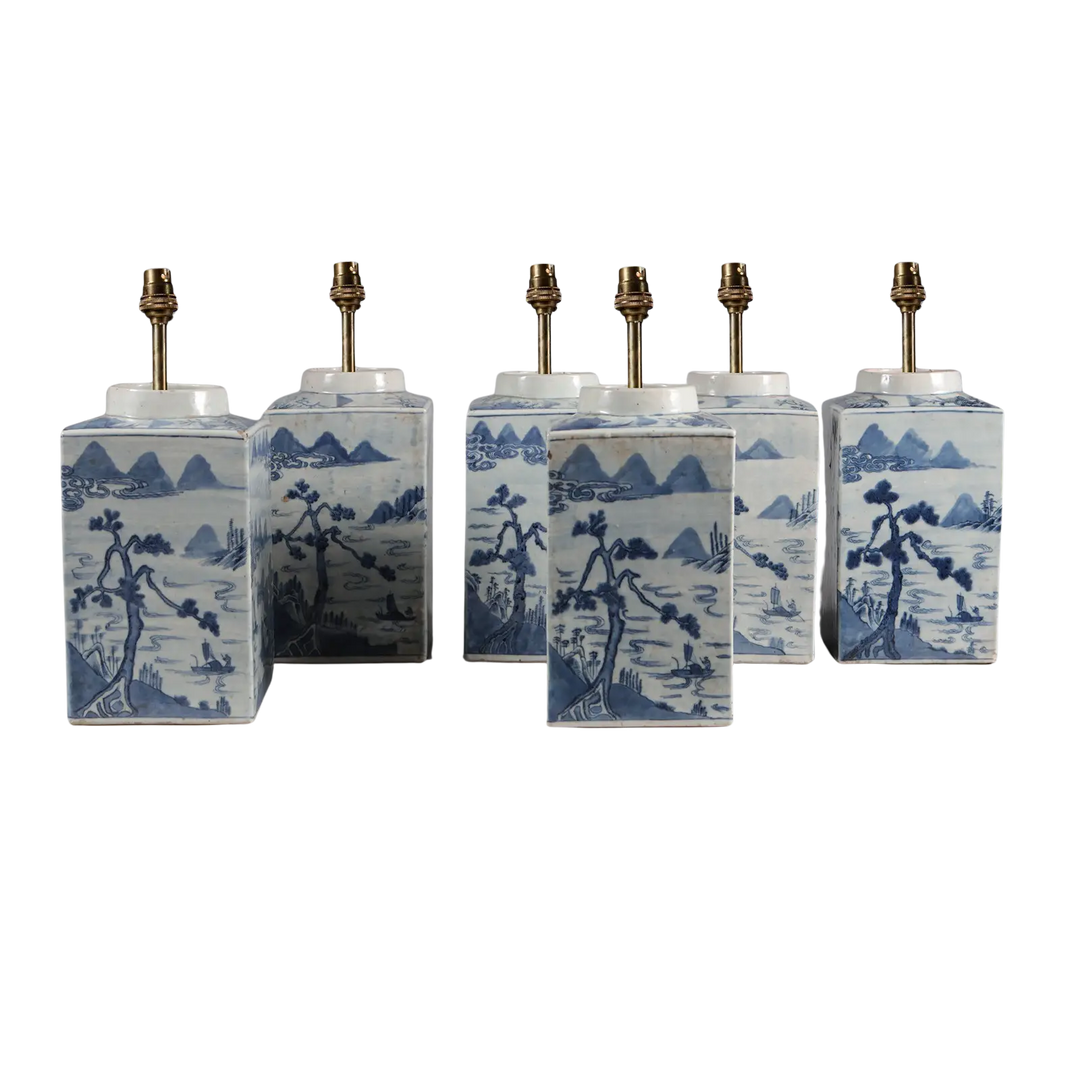 Set of Six Chinese Blue and White Tea Canister Table Lamps