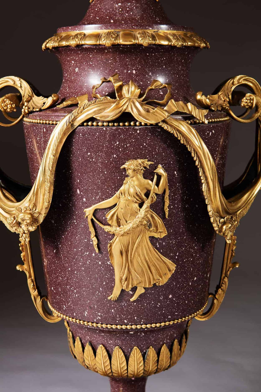 Pair Of 34 Inch Egyptian Porphyry Gilt Bronze Mounted 19th Century Urns