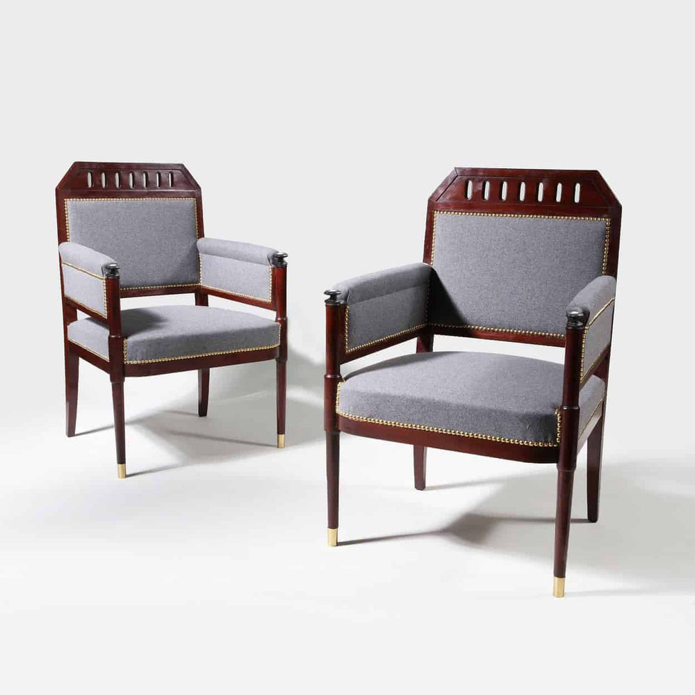 A pair of early 19th century mahogany bergère armchairs with grey upholstery from Collection TH20.