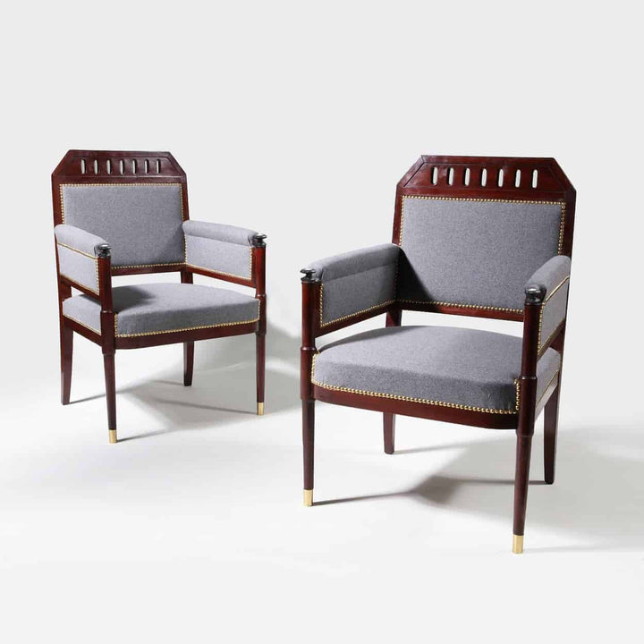 A pair of early 19th century mahogany bergère armchairs with grey upholstery from Collection TH20.