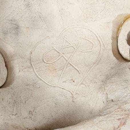 Close-up of textured signature marking on vintage Vallauris ceramic wall light from Collection ES10 circa 1950 France