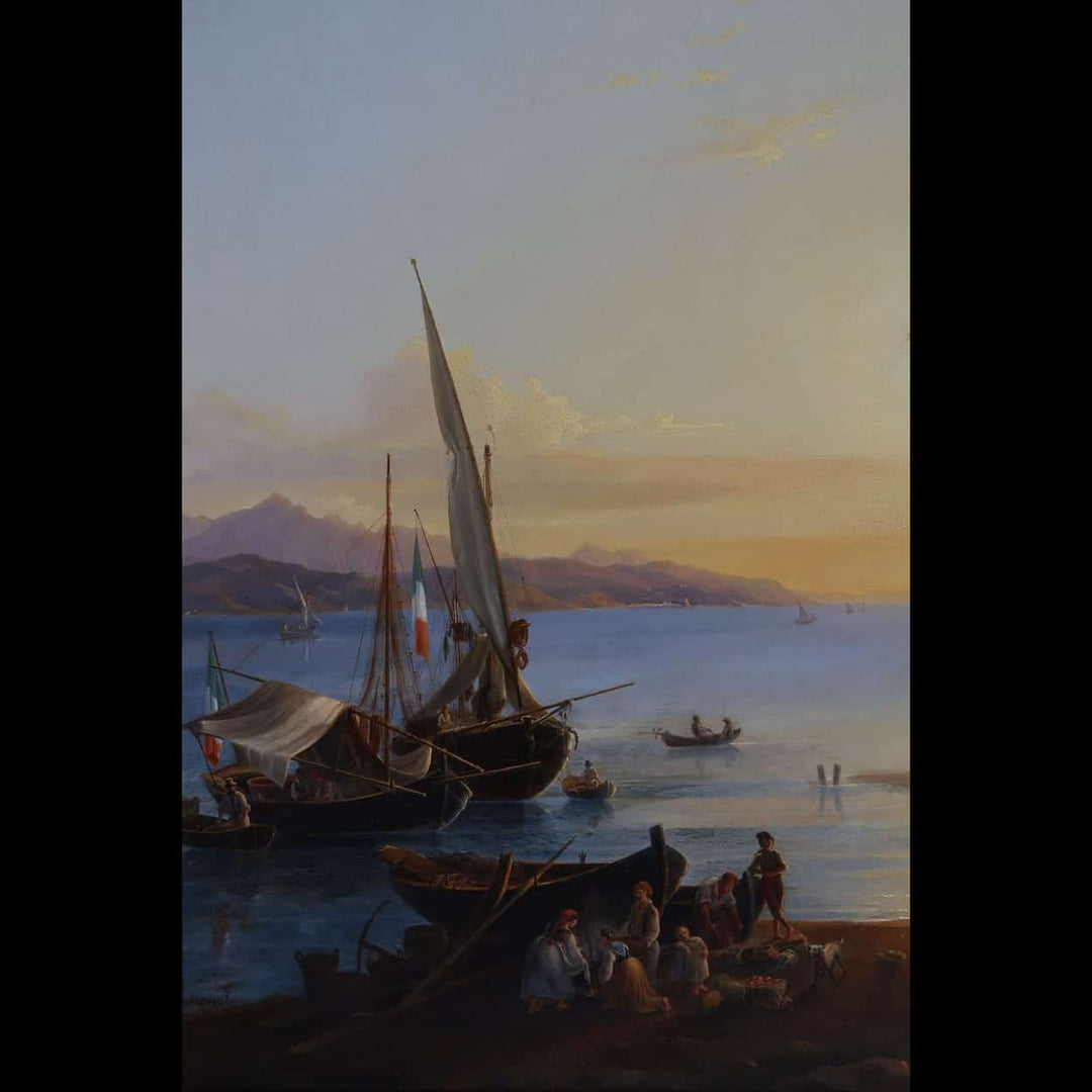 Pietro Della Valle oil painting of serene sunset sea with boats and people, Collection CK10 artwork capturing peaceful moment