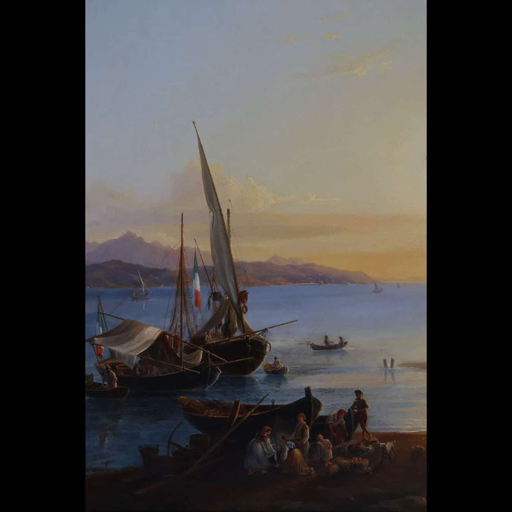 Pietro Della Valle oil painting of serene sunset sea with boats and people, Collection CK10 artwork capturing peaceful moment