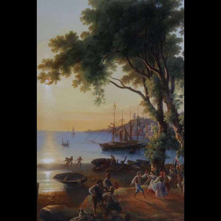 Pietro Della Valle oil painting picnic at sunset with figures and boats by Collection CK10 in serene coastal scene