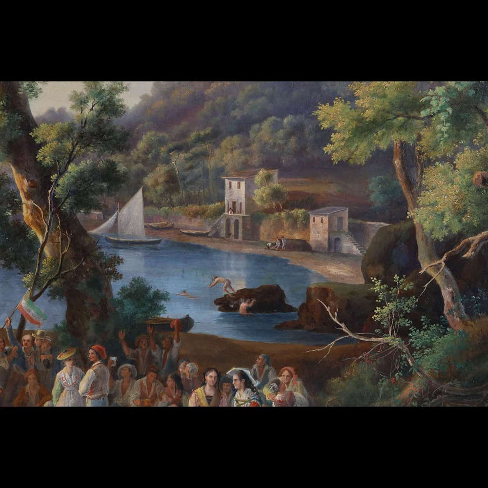Pietro Della Valle oil painting picnic at sunset with riverside scene and people, Collection CK10