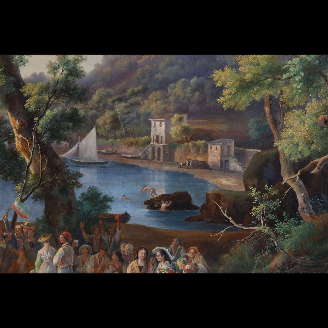Pietro Della Valle oil painting picnic at sunset with riverside scene and people, Collection CK10