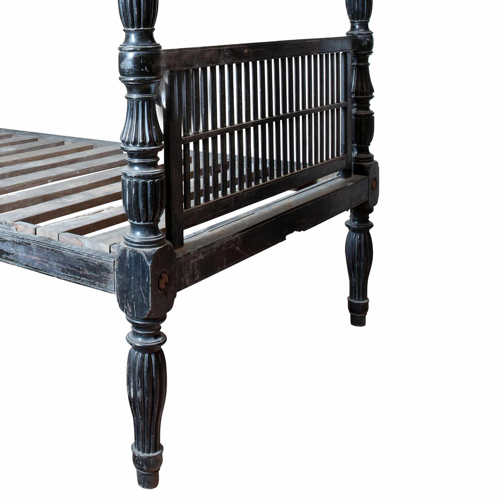 Ceylonese solid ebony four-poster bed by Collection EE20 with carved posts and slatted headboard design