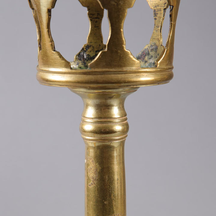 Pair of spun brass candle stands circa 1875 with intricate cut-out design by Collection EE10 measuring 36 cm tall