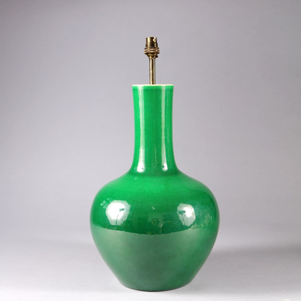 Monochrome Green Crackle Glaze Table Lamp with vintage Chinese porcelain base and UK EU US wiring circa 1950.