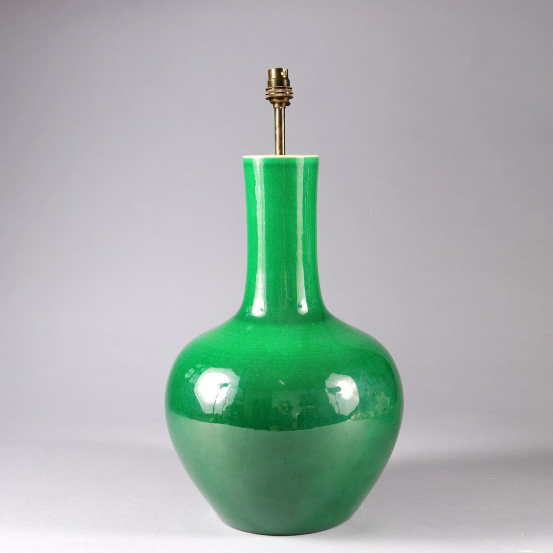 Monochrome Green Crackle Glaze Table Lamp with vintage Chinese porcelain base and UK EU US wiring circa 1950.
