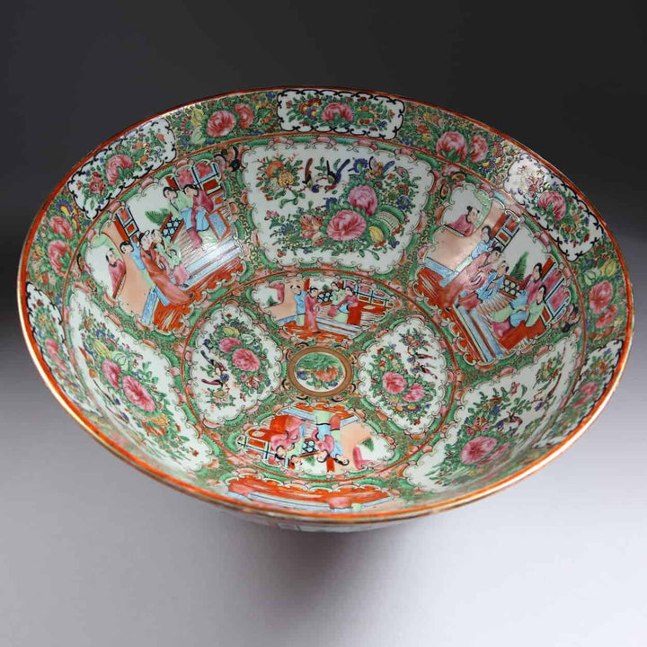 Large Rose Medallion Canton punch bowl with intricate hand-painted floral and figure panels by Collection CK20