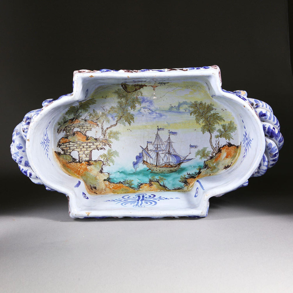 Nevers Pottery Jardiniere with hand-painted 17th century ship scene in blue and white from Collection EE10