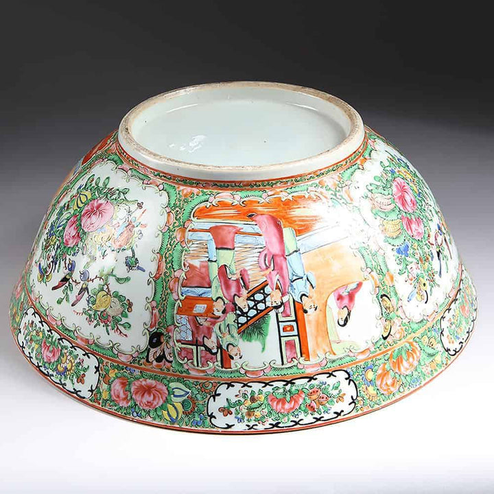 Large Rose Medallion Canton punch bowl with intricate hand-painted floral and bird designs from Collection CK20.