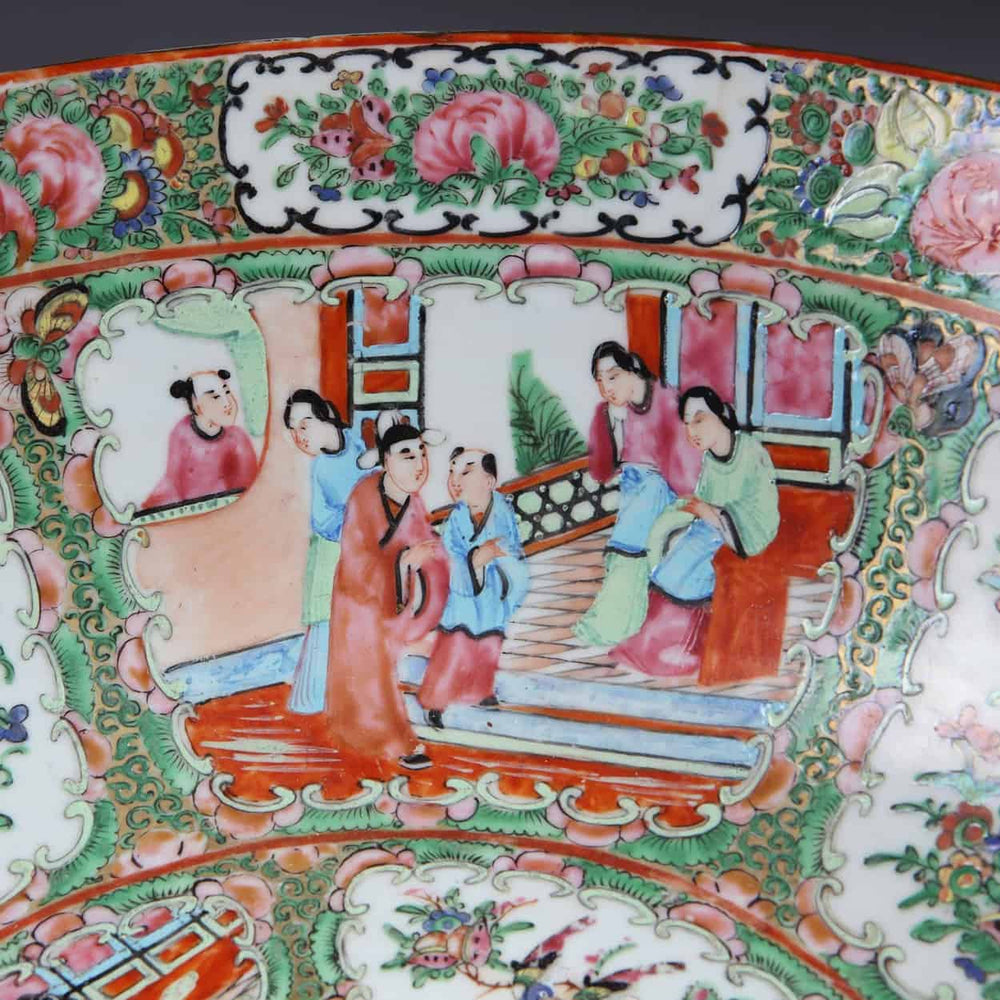 Close-up of antique Large Rose Medallion Canton punch bowl with hand-painted floral and figure design by Collection CK20