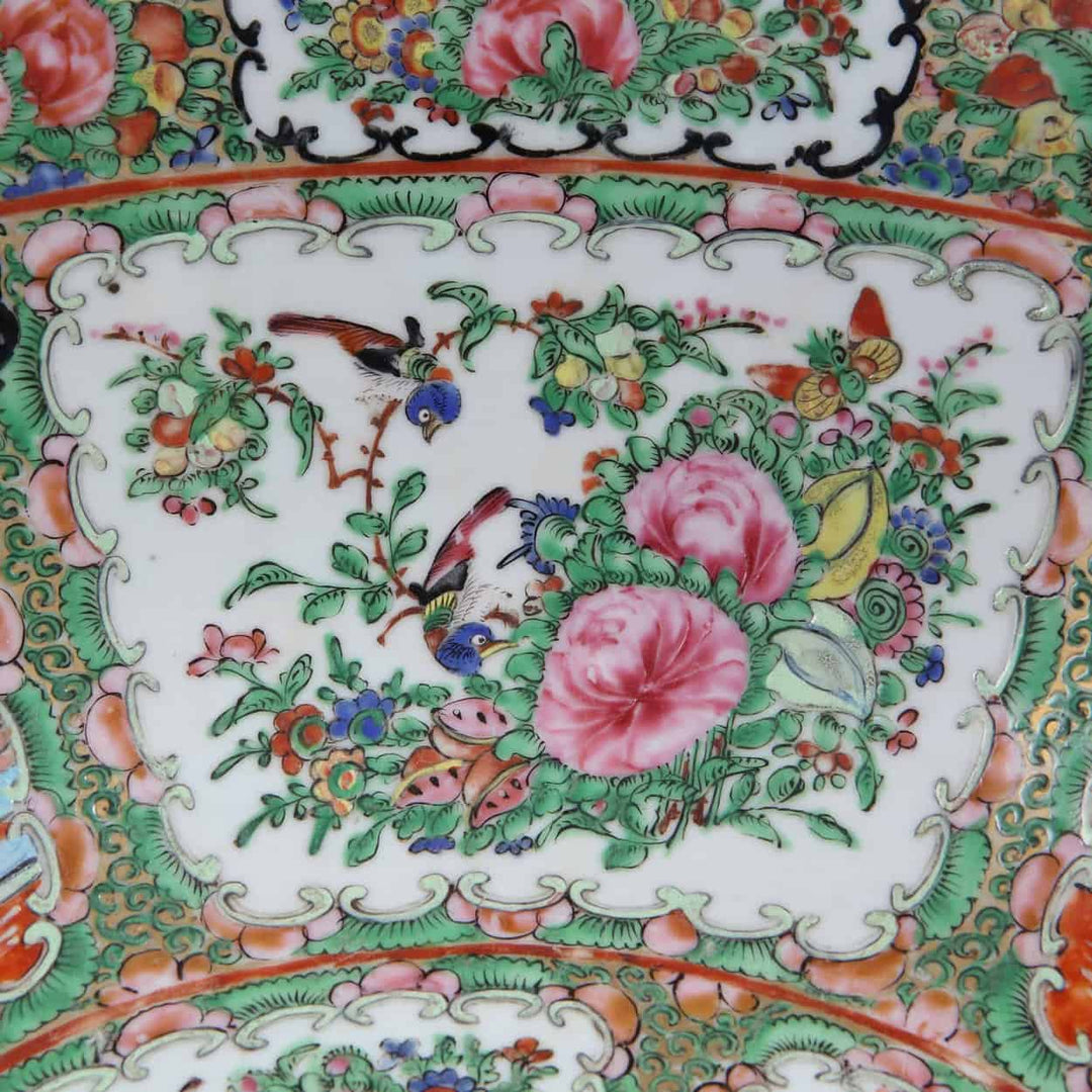 Close-up of ornate floral and bird motifs on Large Rose Medallion Canton punch bowl by Collection CK20