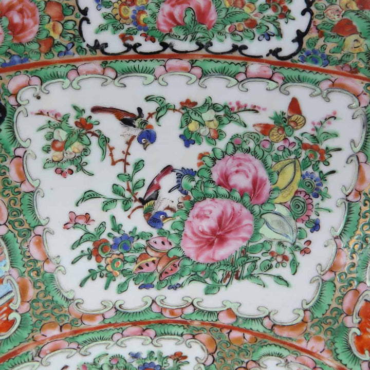 Close-up of ornate floral and bird motifs on Large Rose Medallion Canton punch bowl by Collection CK20