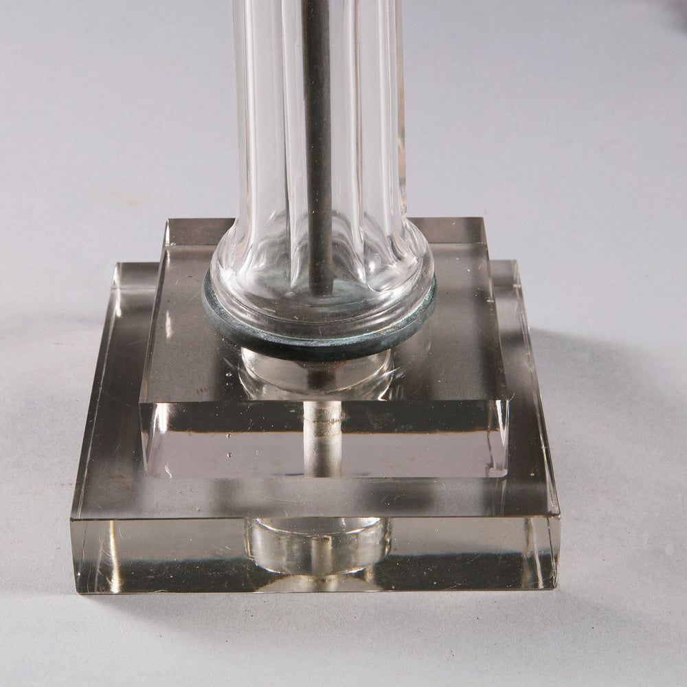 Pair of Clear Glass Faceted Column Lamps with clear glass column bases and bronze corinthian capitals, 20th century design.