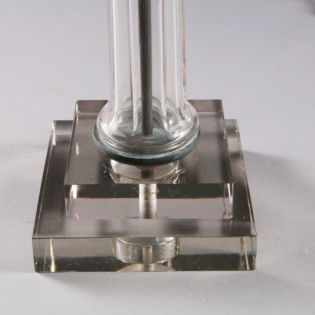 Pair of Clear Glass Faceted Column Lamps with clear glass column bases and bronze corinthian capitals, 20th century design.