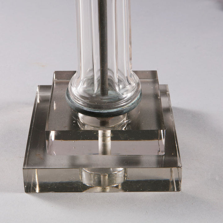 Pair of Clear Glass Faceted Column Lamps with clear glass column bases and bronze corinthian capitals, 20th century design.