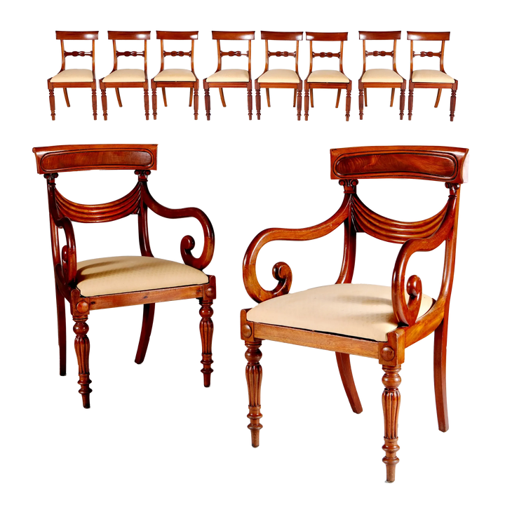Set of ten William IV mahogany dining chairs with upholstered seats by Collection PK10, early 19th century British design