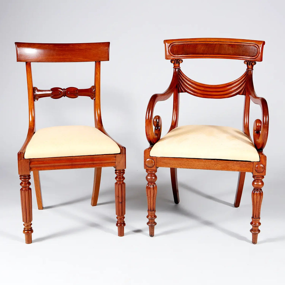 Pair of mahogany William IV dining chairs with cream upholstery by Collection PK10 showcasing early 19th-century British design