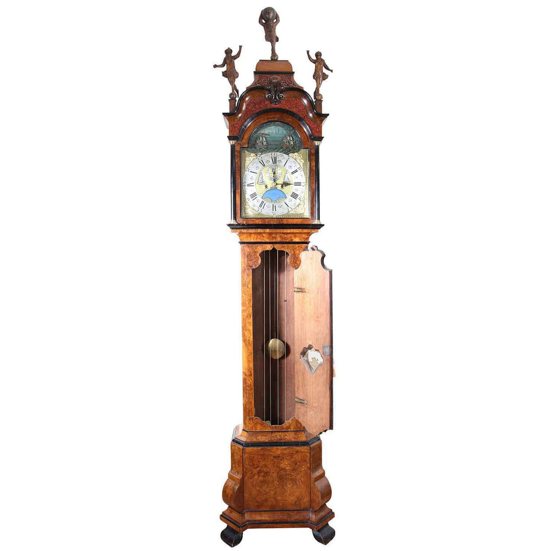 Mid 18th century Dutch longcase clock by Pietre and Jan Morjin, burr-walnut veneer, from Nwtiques
