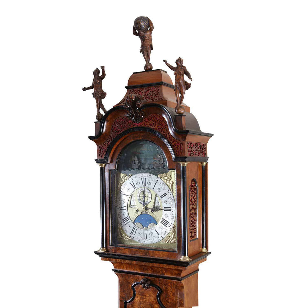 Mid-18th century Pietre and Jan Morjin Dutch longcase clock with ornate carvings, offered by Nwtiques