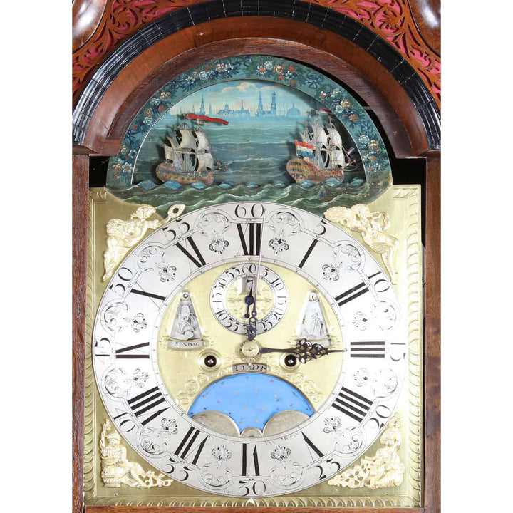 Close-up of an 18th-century Pietre & Jan Morjin Dutch longcase clock dial, sold by Nwtiques