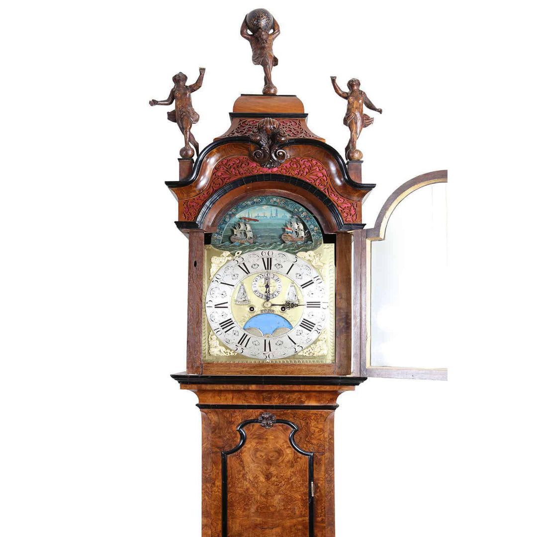 18th century Dutch longcase clock by Pietre & Jan Morjin, richly veneered, offered by Nwtiques