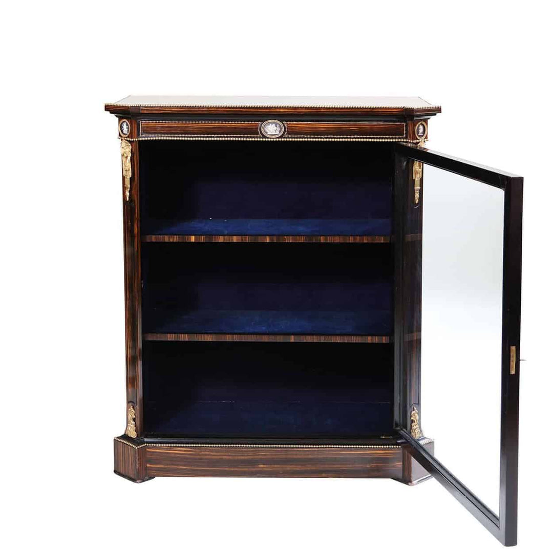 Late 19th century Calamander wood vitrine cabinet with ormolu and porcelain accents by Nwtiques