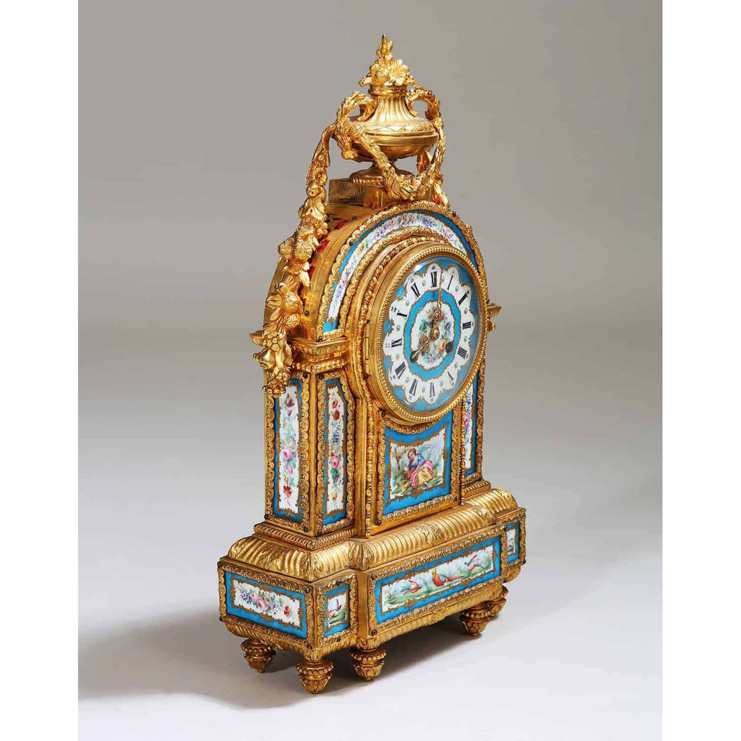 19th century Sèvres porcelain and ormolu mantel clock with blue celeste panels by Nwtiques