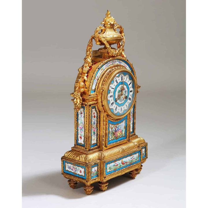 19th century Sèvres porcelain and ormolu mantel clock with blue celeste panels by Nwtiques