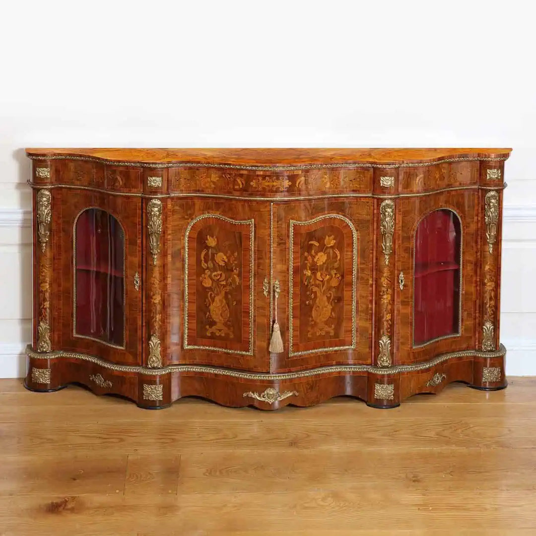 Antique walnut marquetry credenza with ormolu mounts by Nwtiques, elegant Victorian craftsmanship
