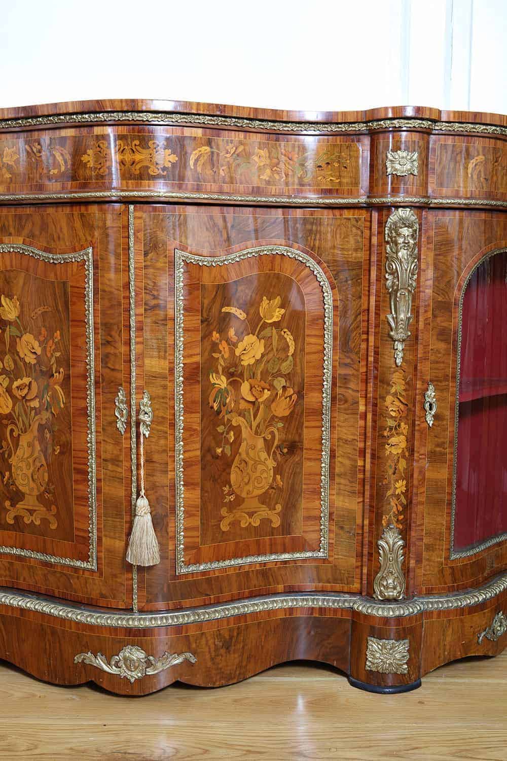 Antique Walnut Marquetry Credenza with ornate ormolu mounts by Nwtiques, Victorian French style