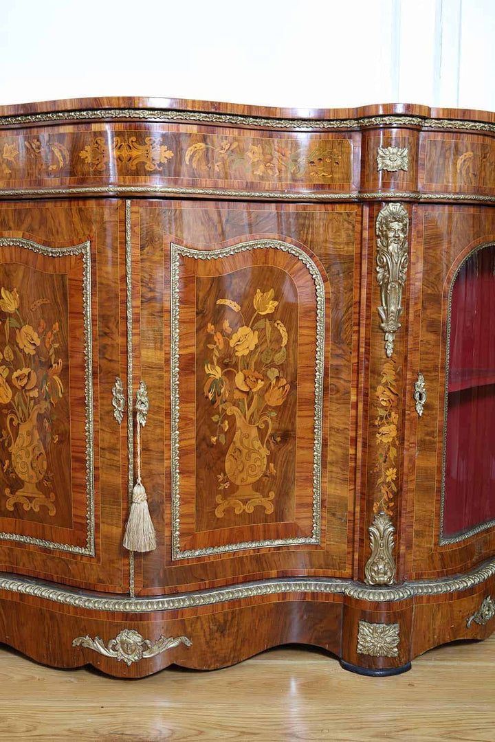 Antique Walnut Marquetry Credenza with ornate ormolu mounts by Nwtiques, Victorian French style