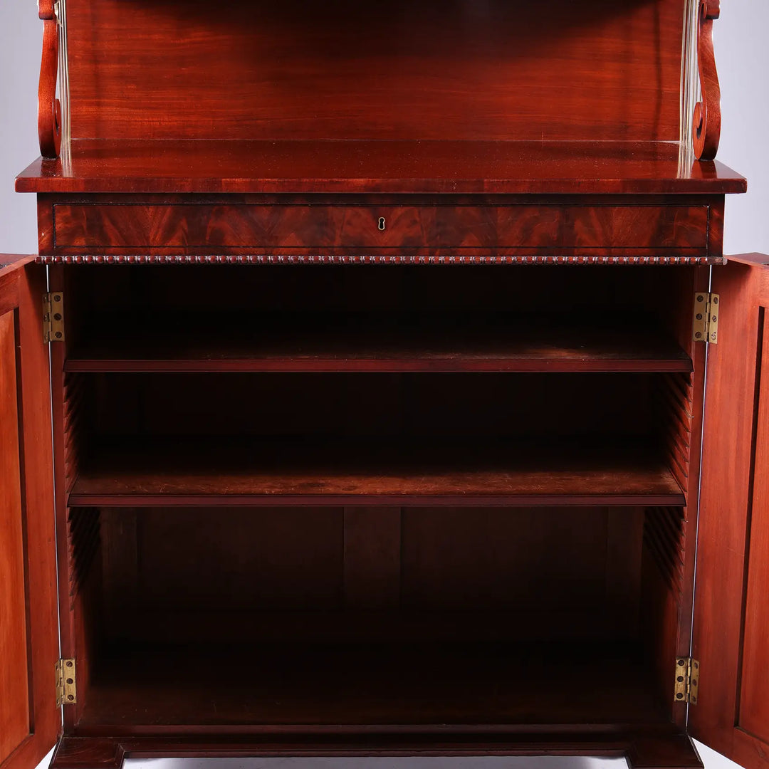 Open flame mahogany Regency chiffonier with shelves and drawer by Nwtiques