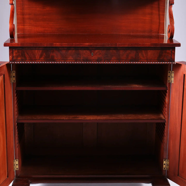 Open flame mahogany Regency chiffonier with shelves and drawer by Nwtiques