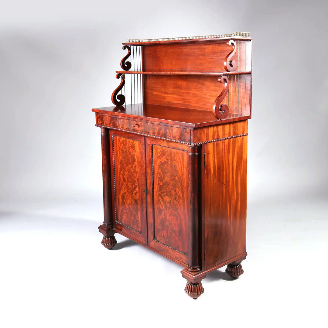 Early 19th century Regency mahogany chiffonier with shelves and bun feet by Nwtiques