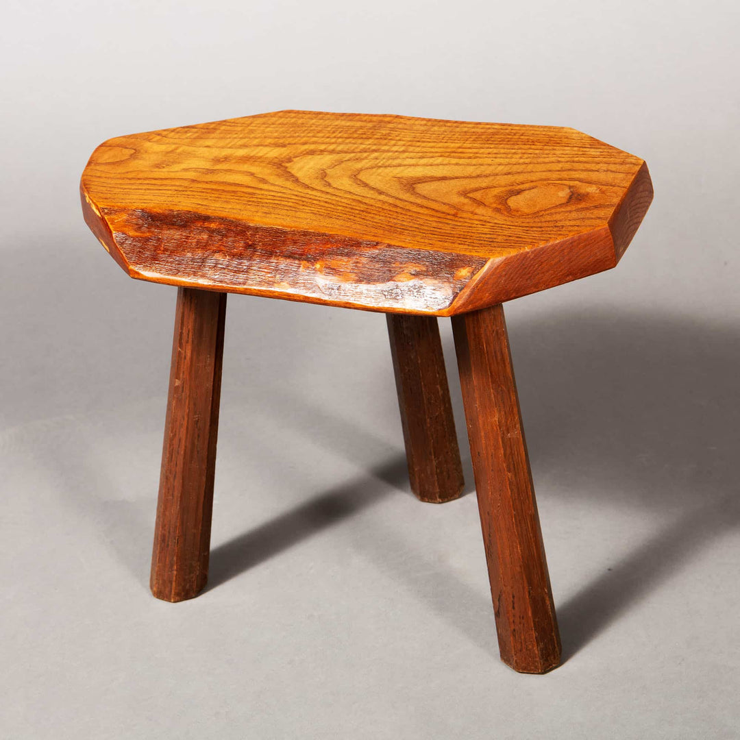 Mid century French elm stool with three legs, part of the Collection EE30 set of five stools circa 1960