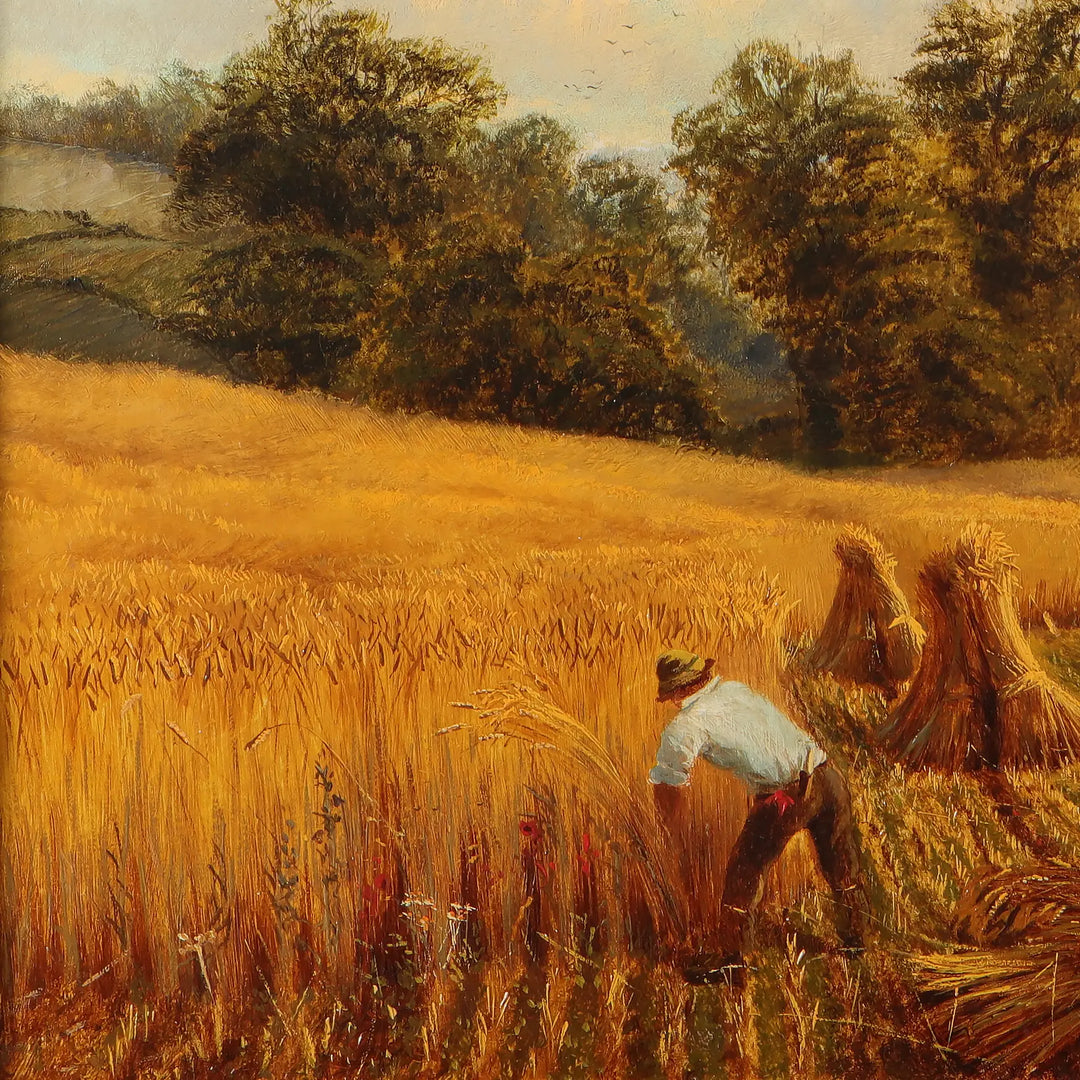 Harvest landscape painting by Alfred Augustus Glendening Snr., showing a man working in a golden field, from Nicholas Wells Antiques