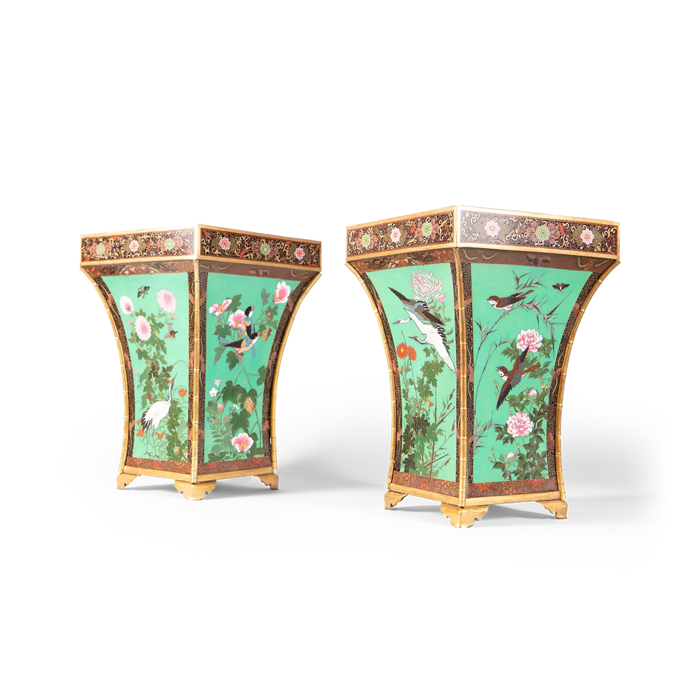 Pair of Qing Dynasty Chinese cloisonné enamel cache pots with bird and flower motifs by Nwtiques