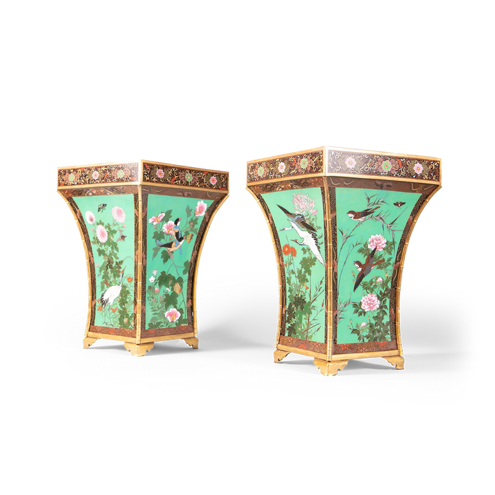 Pair of Qing Dynasty Chinese cloisonné enamel cache pots with bird and flower motifs by Nwtiques