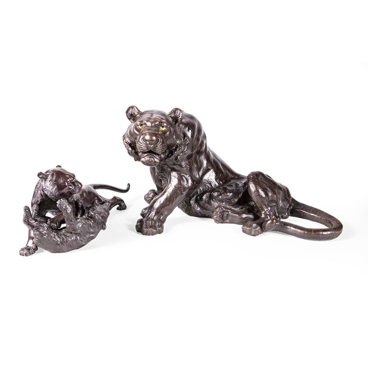 Large Japanese bronze Meiji tiger sculpture with a smaller tiger and bear bronze by Nwtiques.