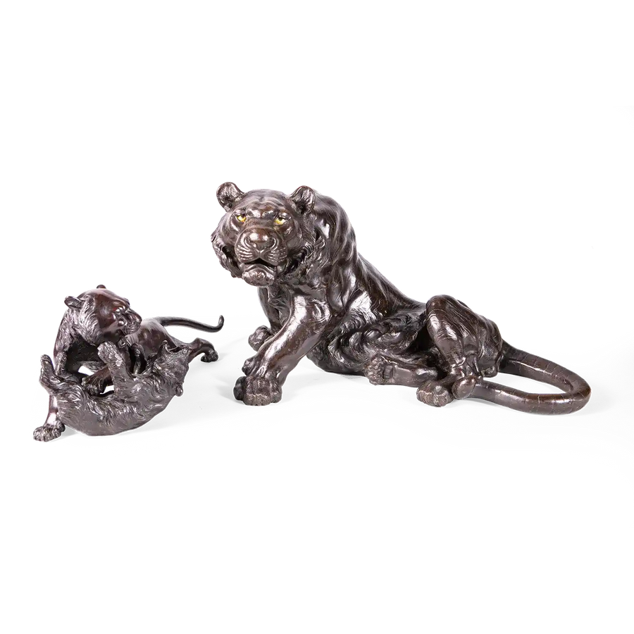 Large Japanese bronze Meiji tiger sculpture with a smaller tiger and bear bronze by Nwtiques.