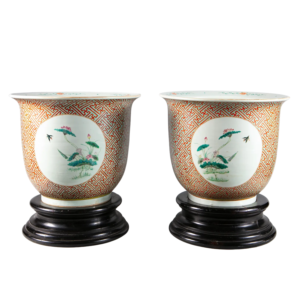 Pair of large antique Chinese porcelain jardinieres with floral medallions on ebonised bases by Nwtiques