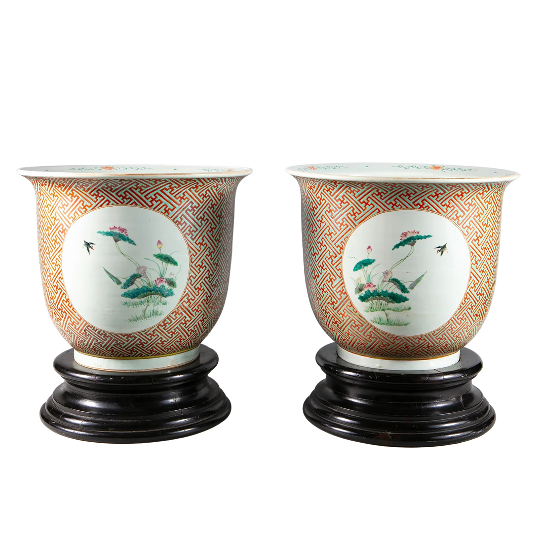 Pair of large antique Chinese porcelain jardinieres with floral medallions on ebonised bases by Nwtiques