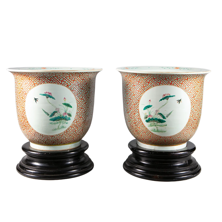 Pair of large antique Chinese porcelain jardinieres with floral medallions on ebonised bases by Nwtiques
