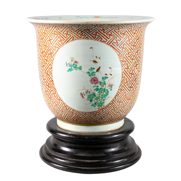 Large antique Chinese porcelain jardiniere with geometric patterns and floral medallion on ebonised wooden base by Nwtiques