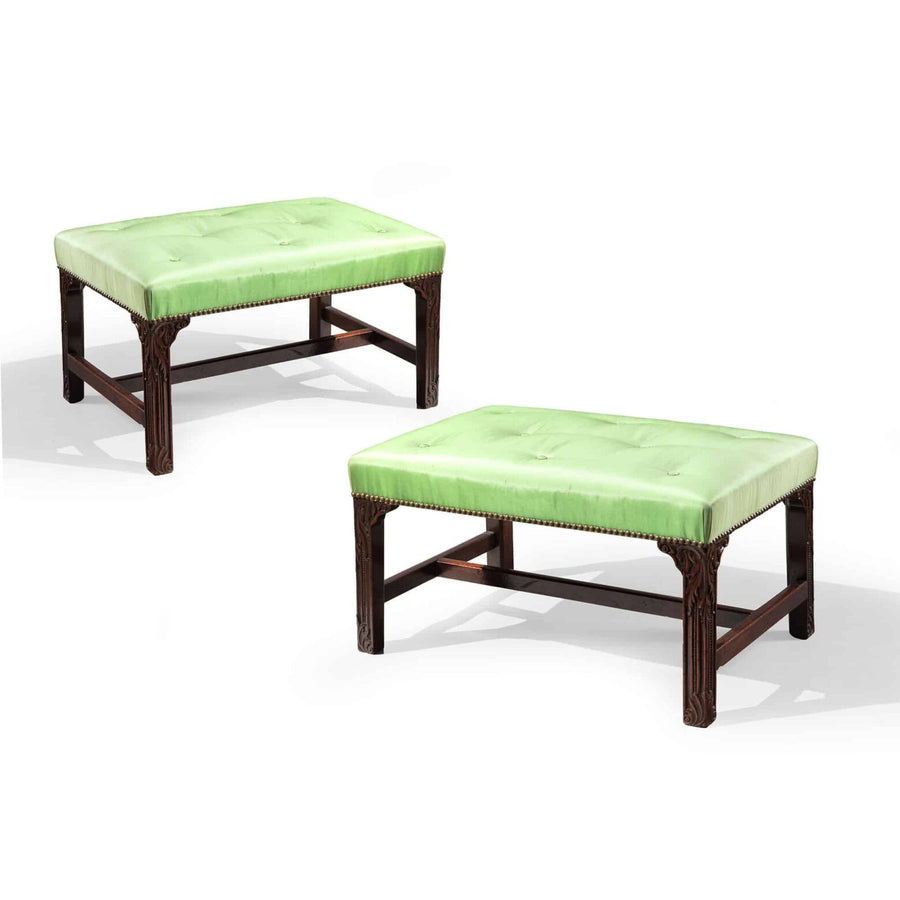 A pair of George III Chippendale mahogany stools with green silk upholstery by The Sold Archive