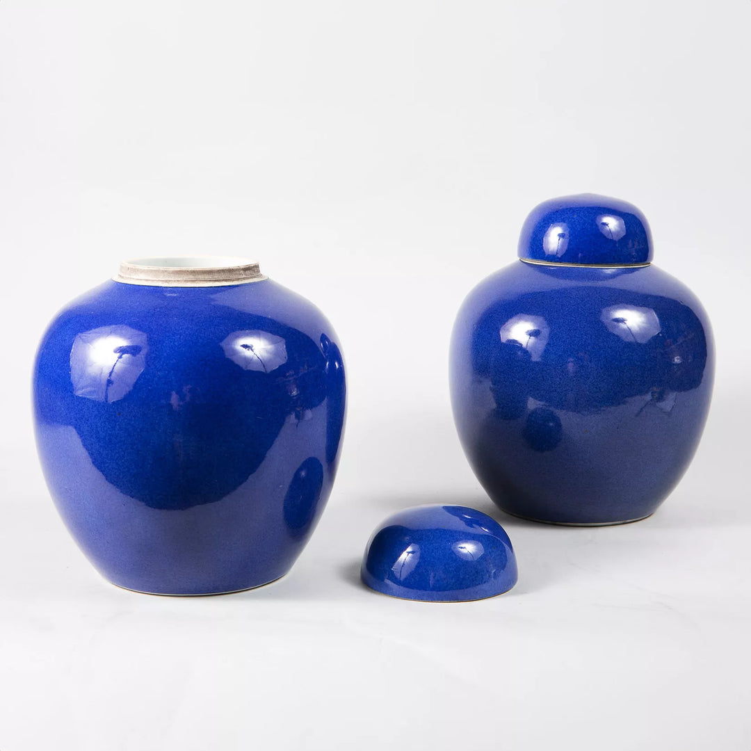 Pair of Qing Dynasty powder blue porcelain vases with lids by Nwtiques, circa 1880, cobalt glaze finish.